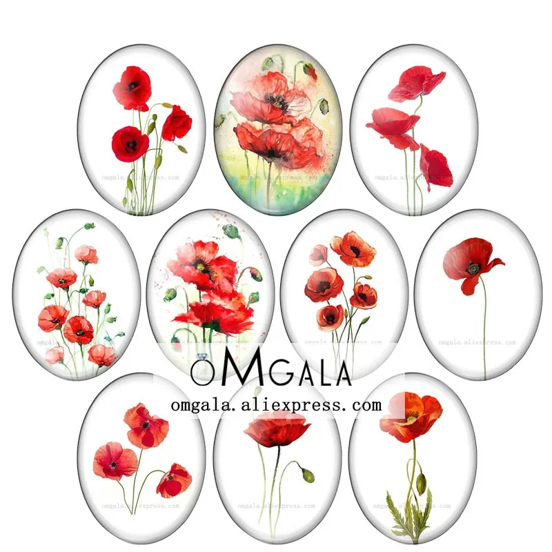 Beautiful Red Flowers Patterns 10pcs 13x18mm/18x25mm/30x40mm Oval photo glass cabochon demo flat back Making findings