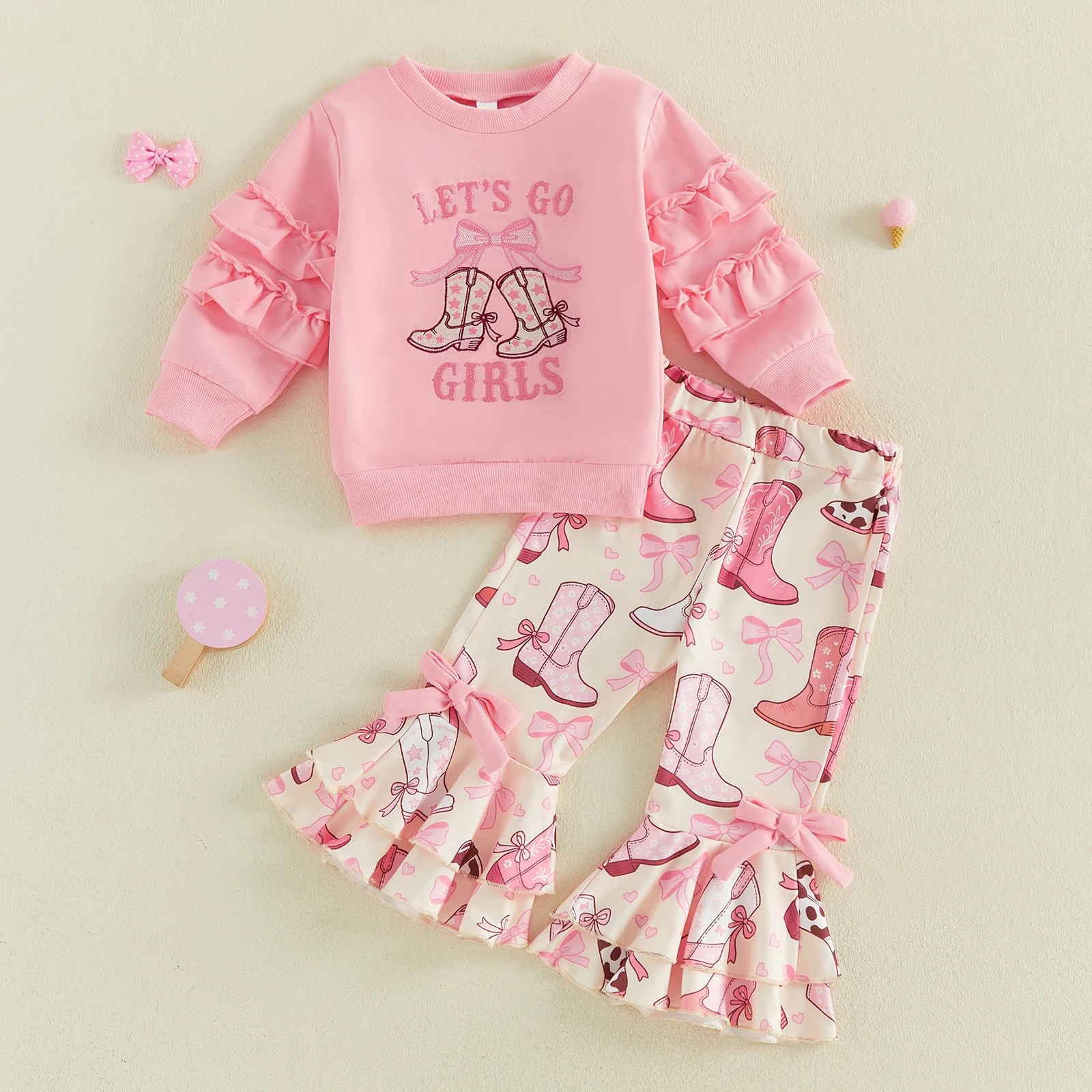1-4Y Baby Girl 2Pcs Fall Outfits Western Long Sleeve Bow Boots Embroidery Sweatshirt Tops Pants Set Children's Clothes Set