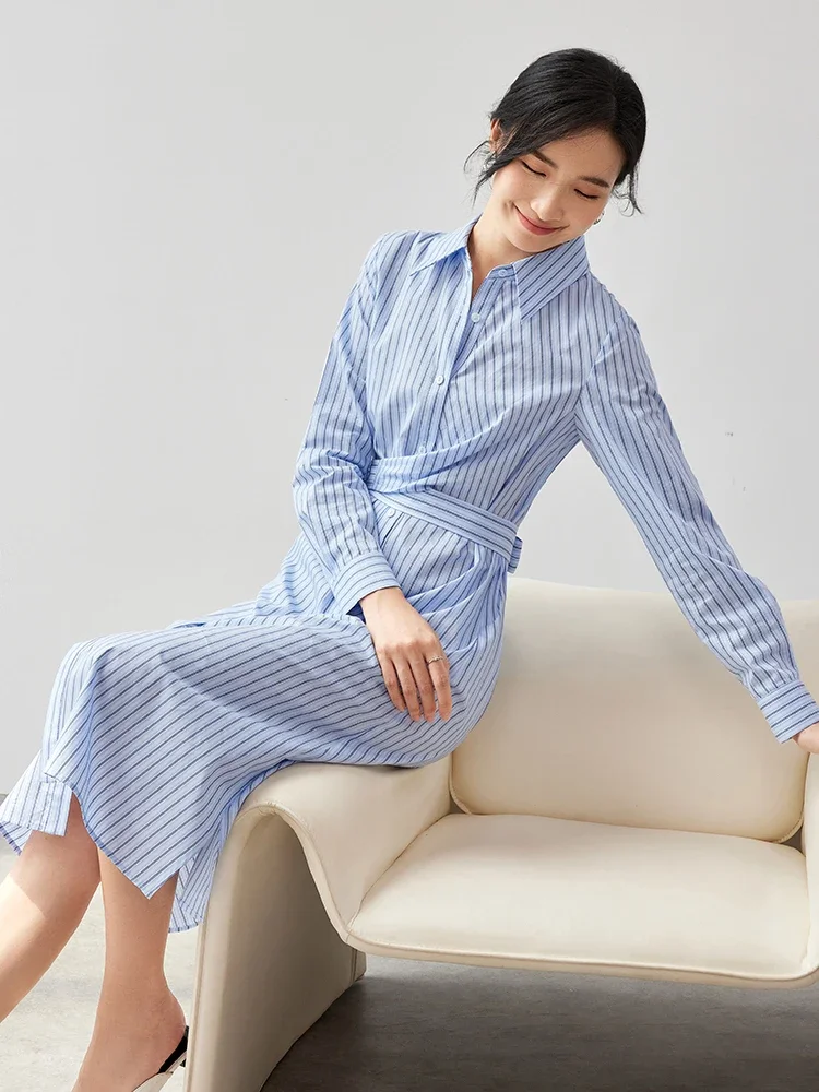 SENTUBILA Striped Cotton Shirt Dress for Women 2024 Autumn Fashion Straight Tie Belt Office Lady Work Business Dress 143L56608