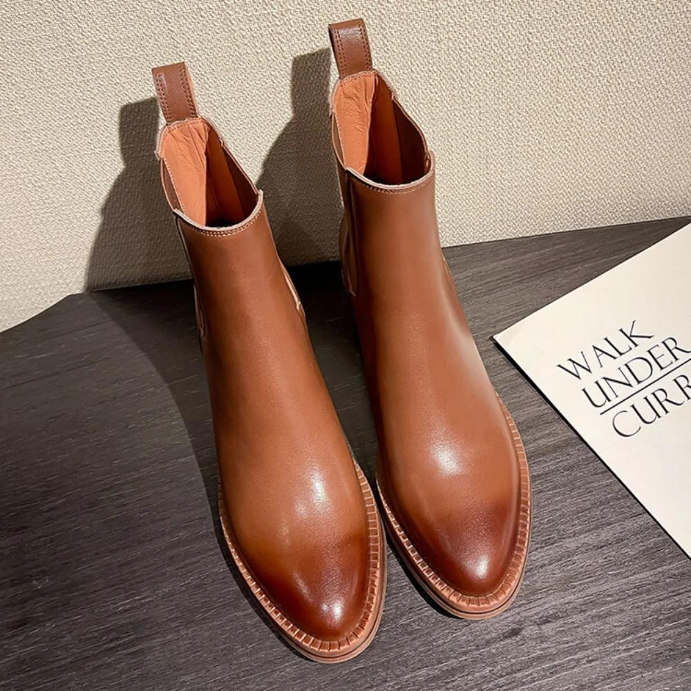 2024 Genuine Leather Women Chelsea Boots Chunky Heel Short Boots Slip On Elastic Woman Ankle Boots 2024 Autumn New Ladies Shoes