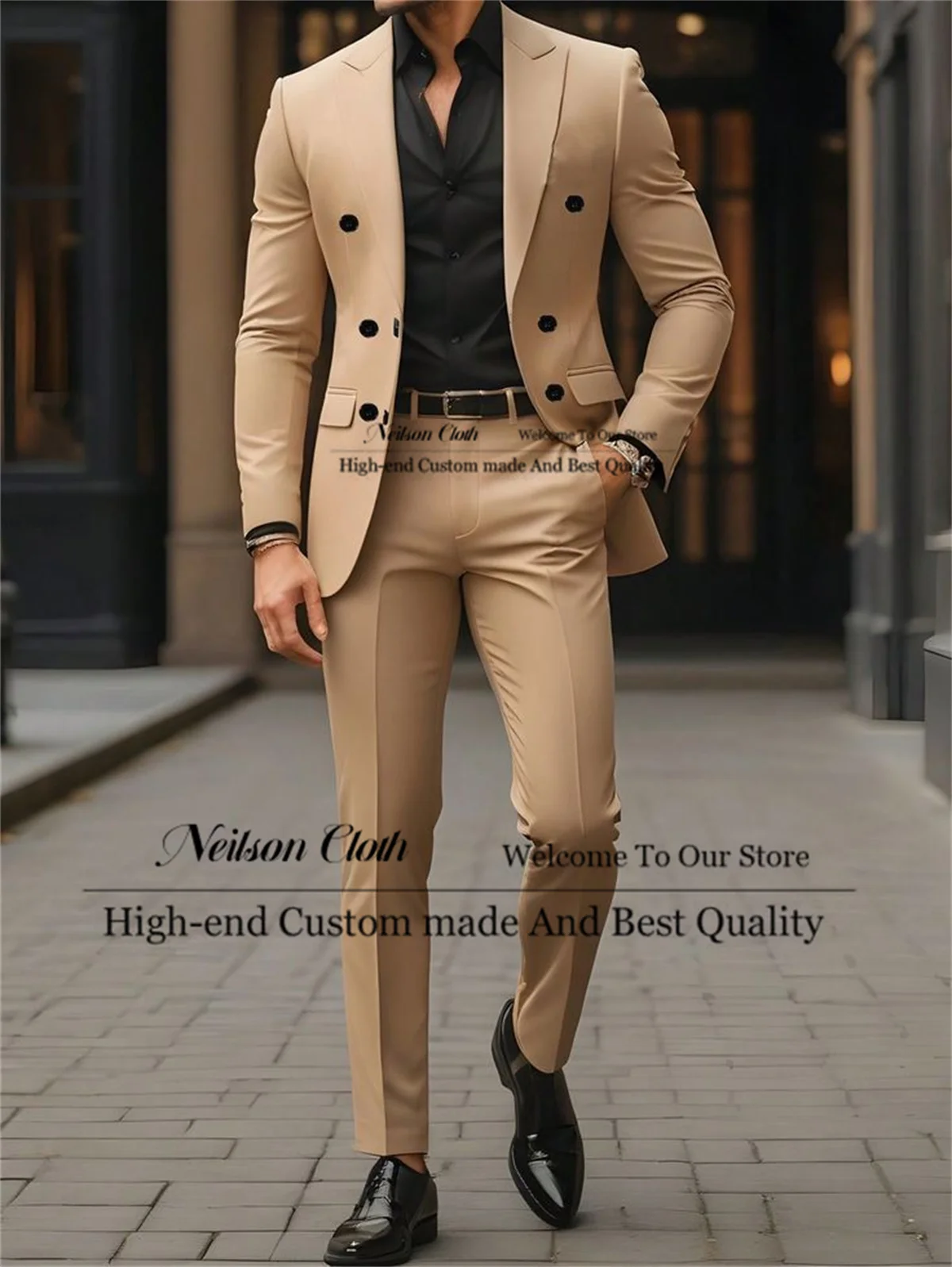 

Formal Double Breasted Male Prom Blazers 2 Pieces Sets Peaked Lapel Groom Wedding Tuxedos Business Customized Costume Homme
