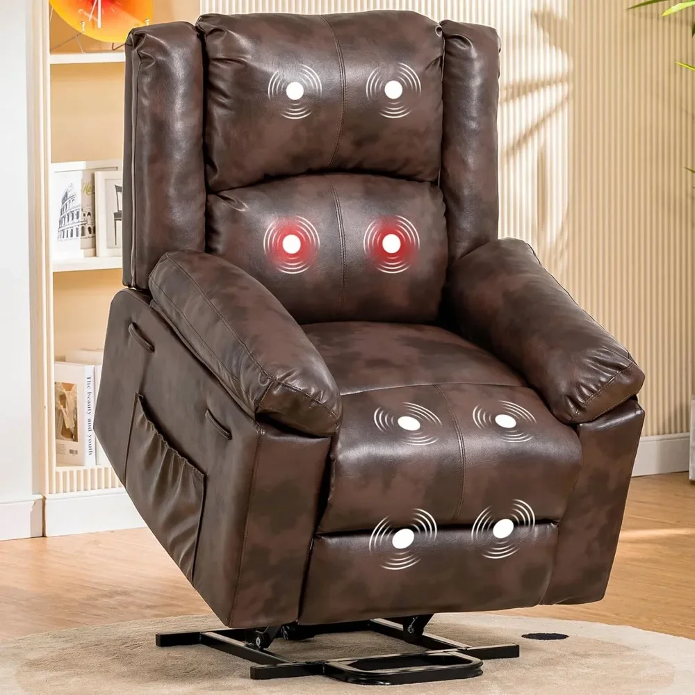 Fauteuil inclinable à levage électrique pour homme, fauteuil élévateur avec chaleur et massage, canapé inclinable en PU avec fonction de synchronisation, 2 poches latérales