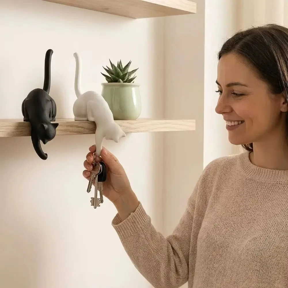 Cat Tail Adhesive Wall Hooks, Cute Animal Shape Hook, Shelf Edge Design, No Drill Self Adhesive Hanging Hook