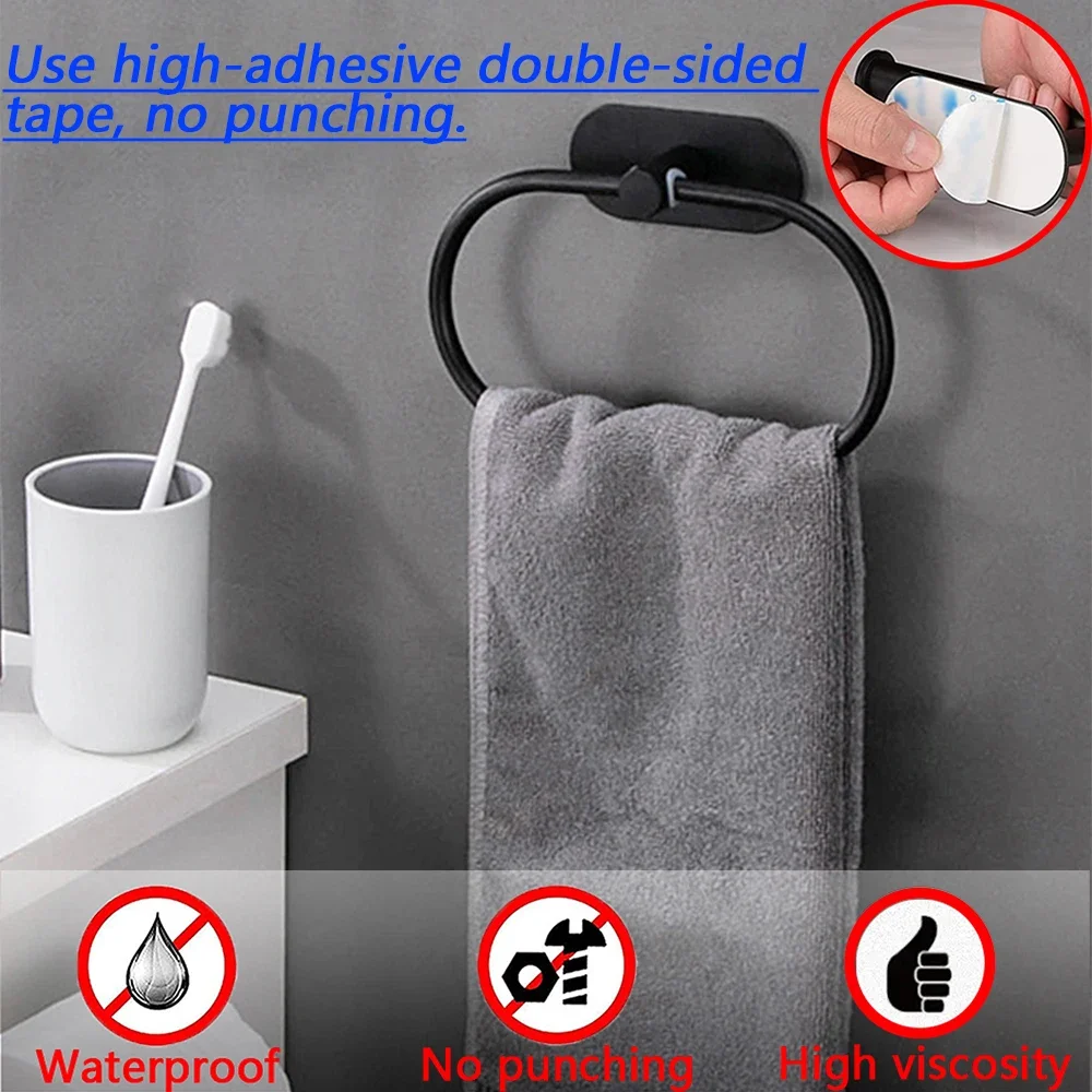 Toallero de acero inoxidable autoadhesivo para baño, colgador de mano negro, barra de riel de anillo, accesorios de almacenamiento de cocina