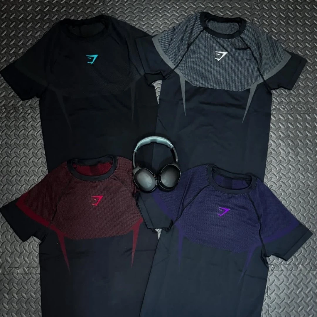 GYMSHARK ONYX 5.0 Men's Fitness Suit Fitness Tight Top, GYMSHARK 5.0 Superhero Fitness Sports Running Shapewear T-shirt