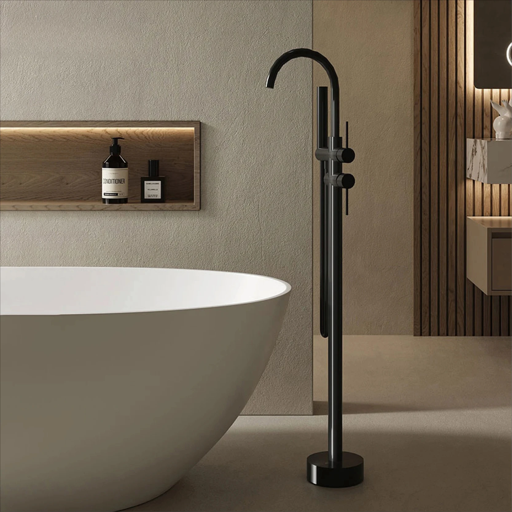 

luxury black brass bathroom faucet. Floor standing design with simple 2 handle hot and cold bathtub and dual-mode faucet