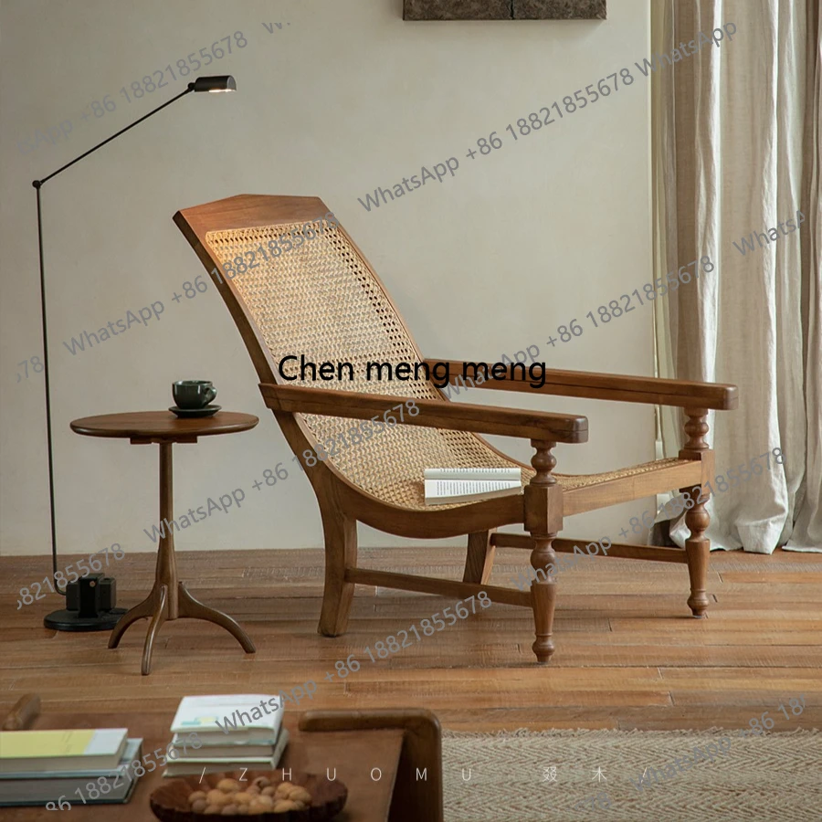 

French Vintage Teak South East Asia Rattan Leisure Chair Single Sofa Lamb Wool Reclining Chair