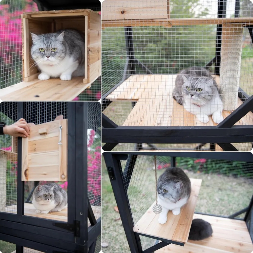 4段式 70.9フィート 高さ 猫用キャティオ 猫ハウス 屋外用囲い 窓付き 大型 屋外パティオ 取り外し可能な床、爪とぎ用サイザル麻付き