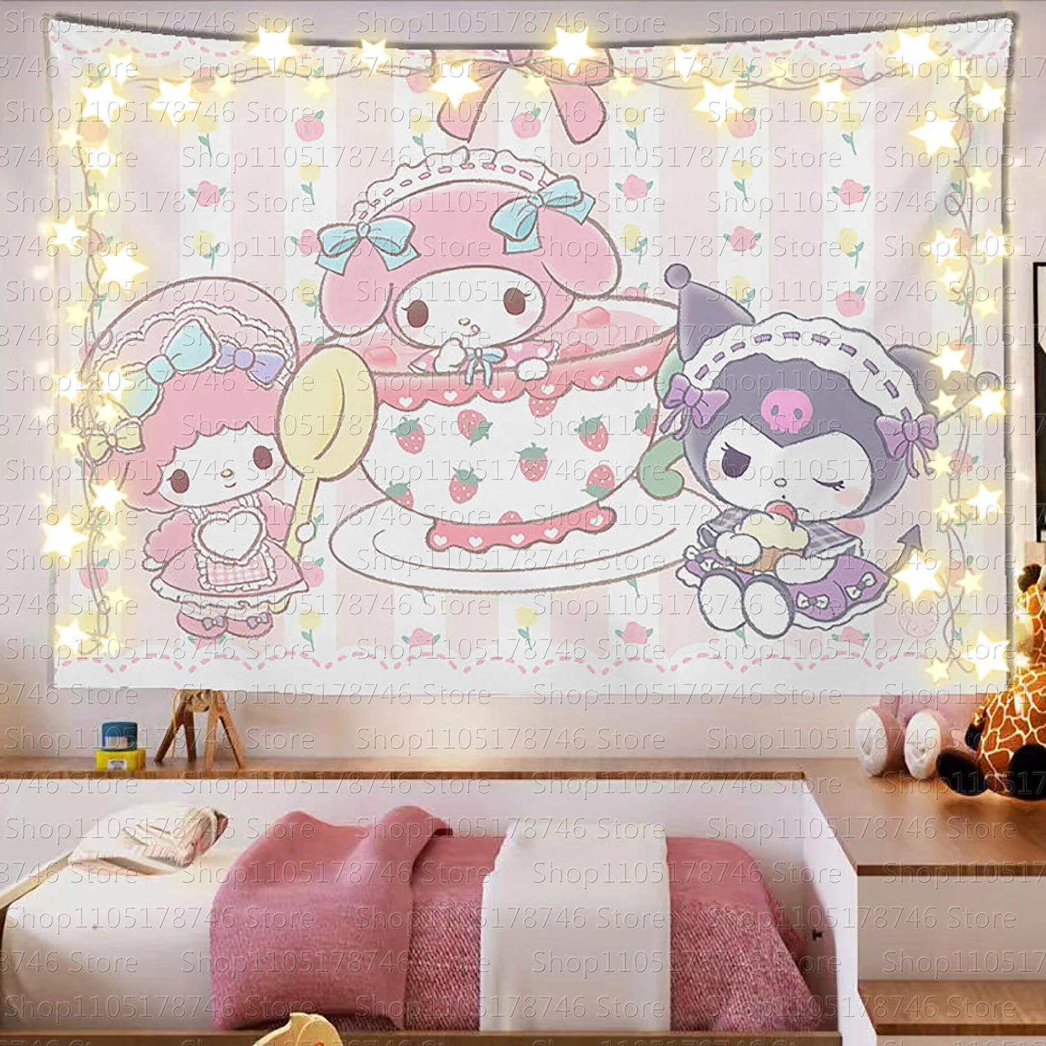Sanrio Mikko Niedlicher Cartoon-Hintergrundstoff im Ins-Stil, Raumdekoration, Wandteppich, Dekoration für Mietwohnungen, Hängetuch