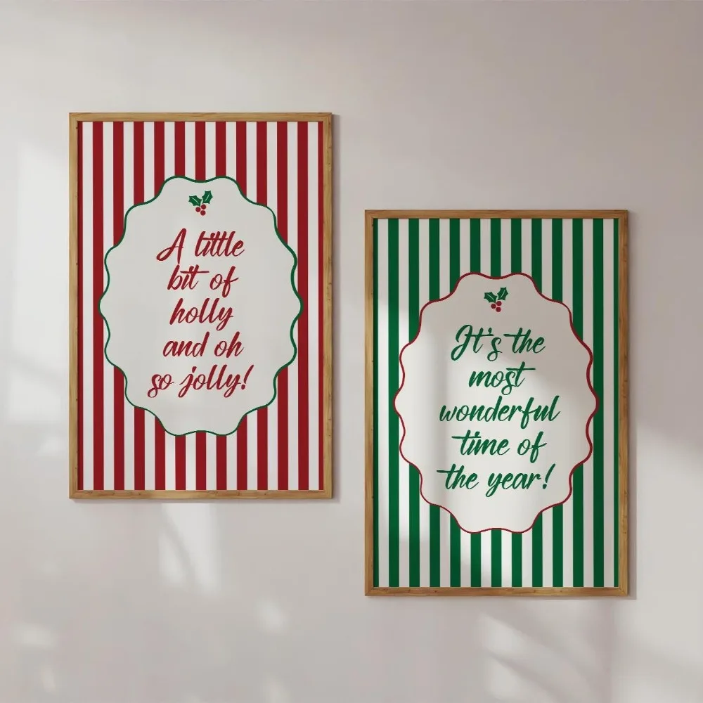 2pcs Frameless, Christmas Printable, Red and Green Stripes, Holiday Decoration, Digital Download, Living Room Bedroom Decoration