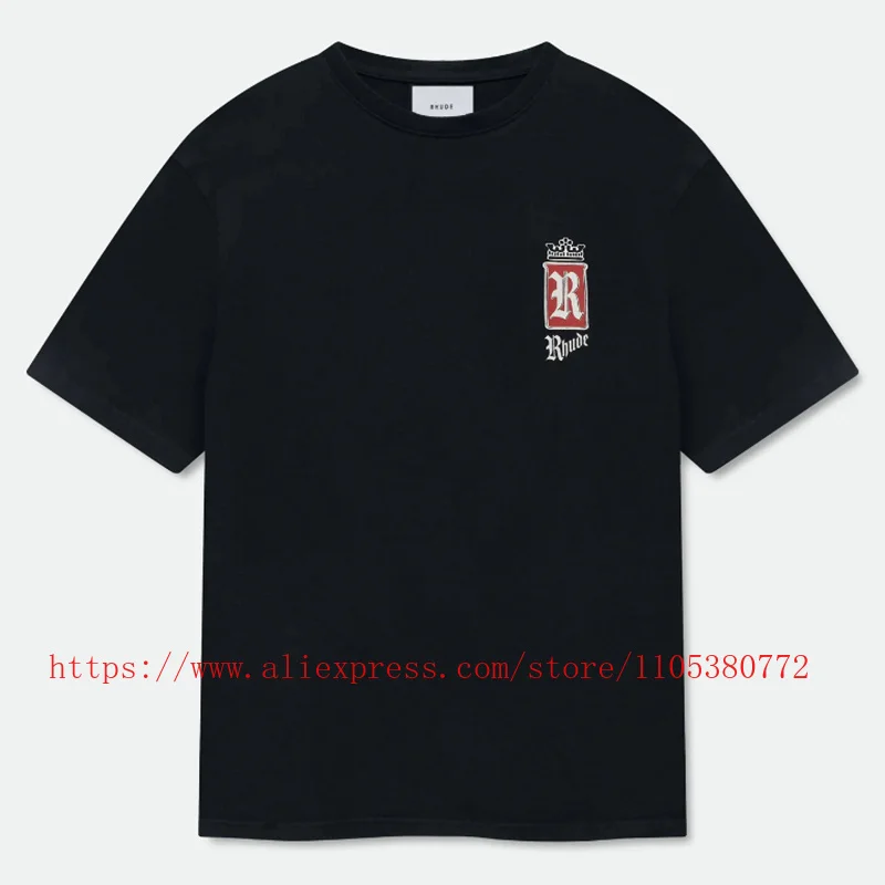 2026 New RHUDE Men’s T-Shirt Bold Red Crest Logo Print Black Cotton Streetwear Crew Neck Tee