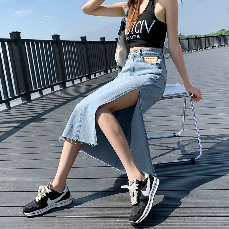 여성 빈티지 데님 솔리드 미디 기장 스커트 2025 여름 우아한 캐주얼 A라인 사이드 슬릿 코튼 여성 의류 신상 드레스