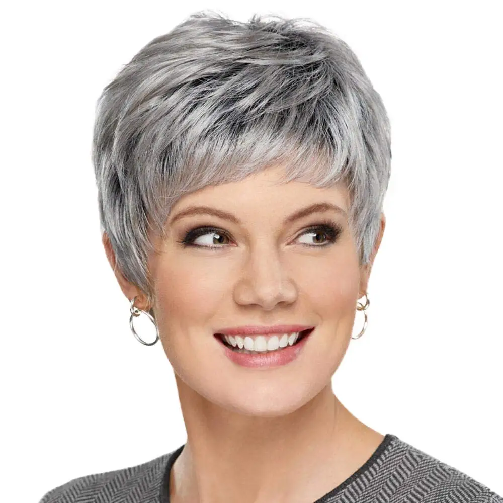 Short Pixie Cut Silvery Gray Blend Hair Wigs for Women with Bangs Ash Natural Straight Layered Human Hair Mixed Synthetic Fiber