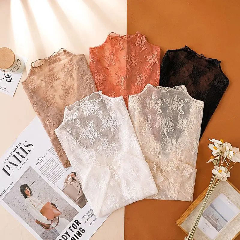 

Осенне-зимняя новинка: женская приталенная футболка с кружевными вставками и воротником-стойкой, корейская версия, для ношения под одеждой.