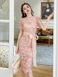 New Sweet Goddess Style Pink Lace Dress Women Cute Sheer Hook Flowers Hollow Bow Lace Up Split Robe Female Sexy Party Vestidos
