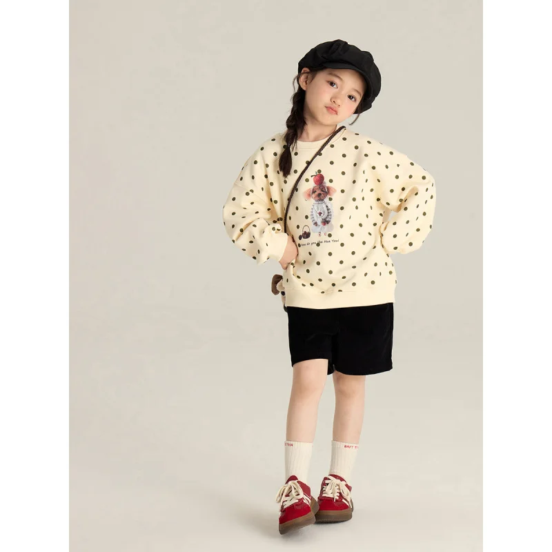 Girls' Fashionable Cartoon Cute Puppy Sweater2024Autumn New Children's Loose Full Print Polka Dot Top Tide