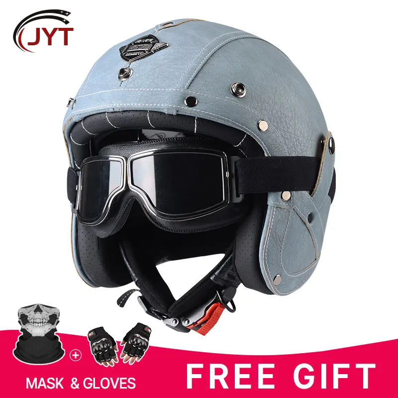 

Motorcycle Helmets with Anti Jet Casco Motorbike Chopper Retro 3/4 Half Open Face Leather Helmet DOT ECE Approved