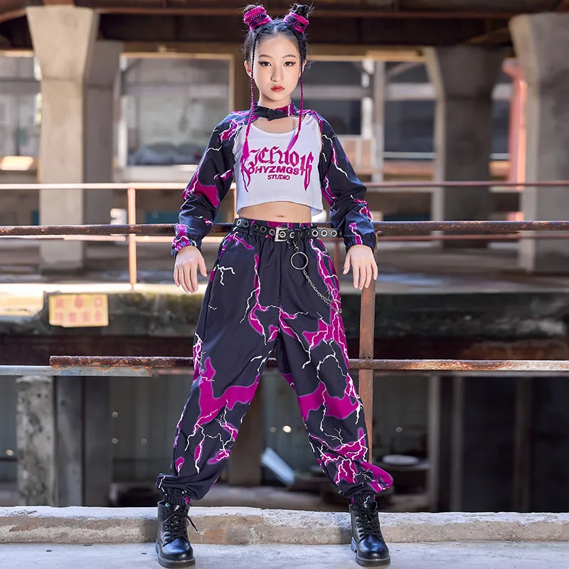 

2026 Girls Clothes Jazz Dance Costume Kids Purple Hip Hop Clothing Streetwear Vest Cargo Pants Suit Team Stage Clothes DN23205