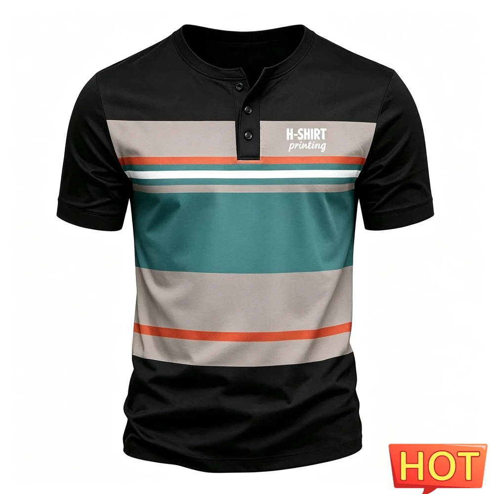 Summer Men's Henley Shirt Colorful Stripe Print Button Tops Fashion Henry Collar Short Sleeve Tee Business Casual Loose T-shirts