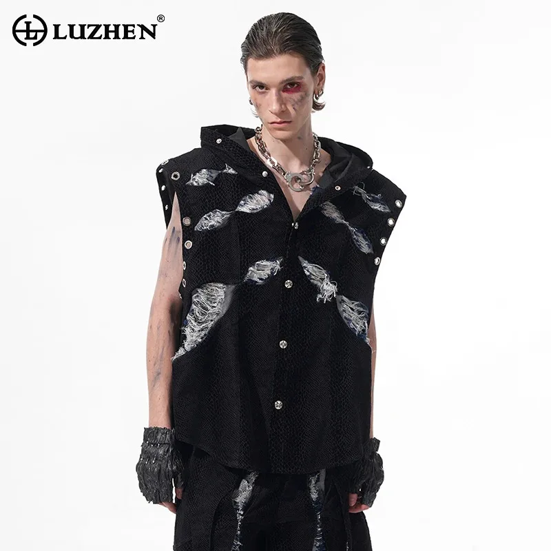LUZHEN Broken Patchwork Sleeveless Hole Burr 2026 Design Personalized Vest Men's Stylish High Quality Street Hooded Coat JY8873