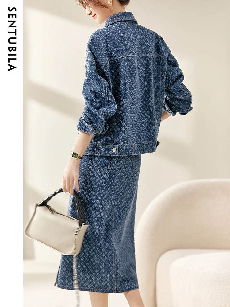 SENTUBILA 2024 Autumn Jacquard Denim 2 Piece Sets for Women Outfit Short Jean Jacket Split Midi Skirt Matching Sets W43Z45782X