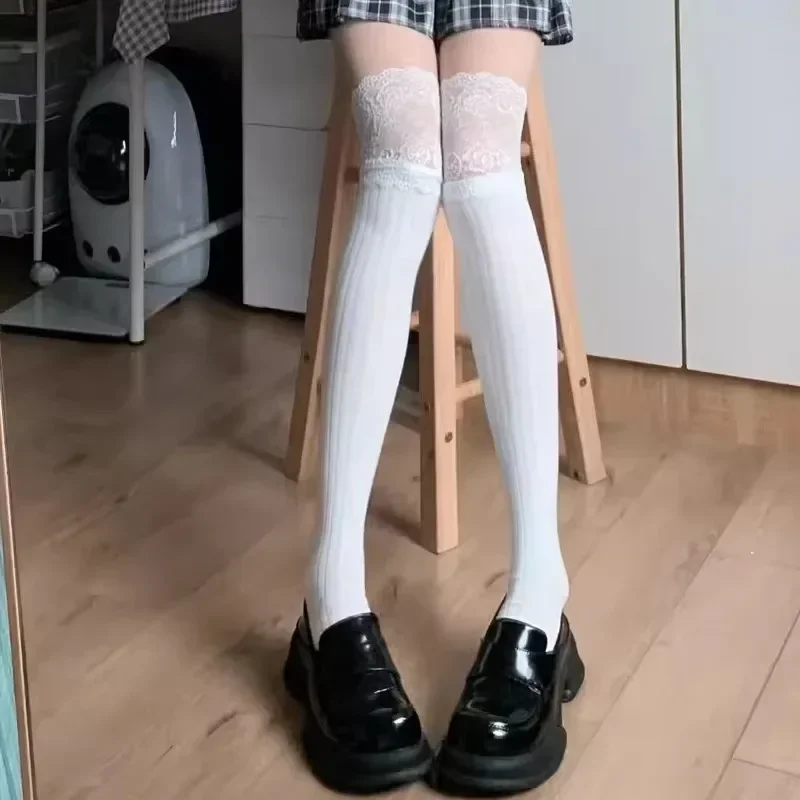 Lolita-Chaussettes hautes en dentelle pour femmes, bas au-dessus du genou, cuisse haute, botte chaude, dames, filles, sexy