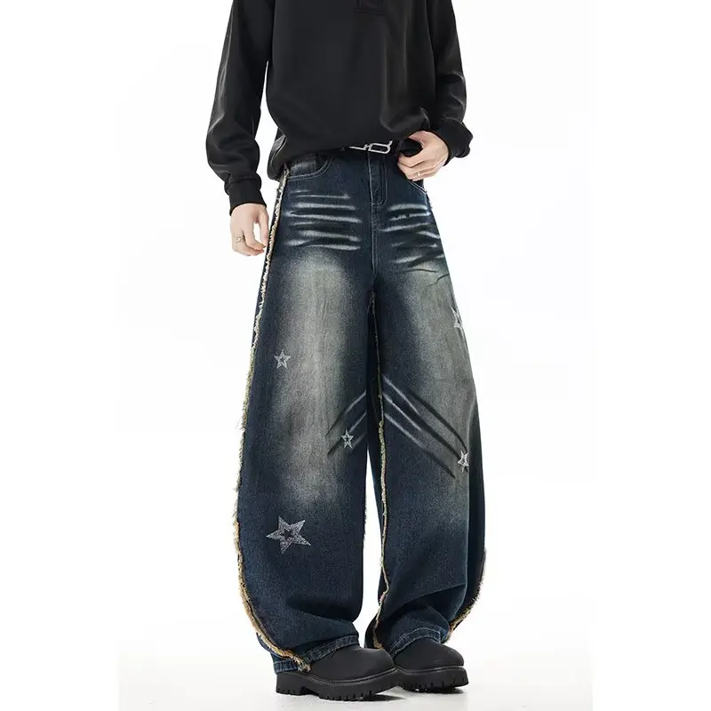 2025 الأمريكية الرجعية Y2K الشارع الشهير القذرة غسلها فضفاض مكدسة الجينز السراويل للرجال الملابس مستقيم سراويل جينز مودا Hombre