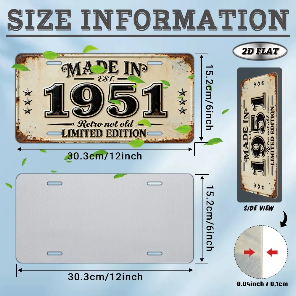 2D Flat - 2D Plane, 1pc, Vintage Metal Aluminum Decorative Sign (30.48×15.24 cm), Retro Year Sign Made in 1951, Decorative Plaqu