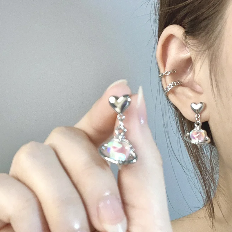 Y2K Heart Planet Drop Earrings for Women Harajuku Fashion Punk Girl Crystal Stars Earring 2023 Korean Trendy Party Jewelry Gifts