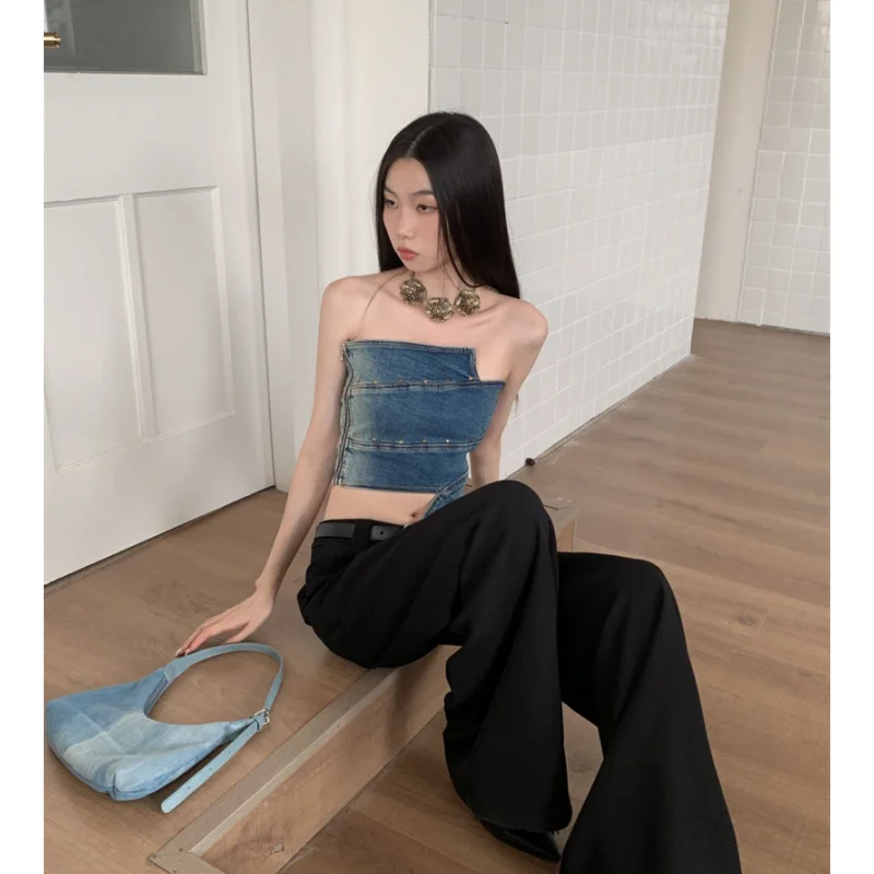 Women\'s Clothing Blue Vest Denim Irregular Off Shoulder Top Europe and America Fashion Sexy Female 2023 Summer Short Top