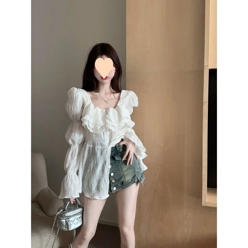 

Ruffle square neck flared sleeve medium-length chiffon shirt 2024 summer new French sun shirt women