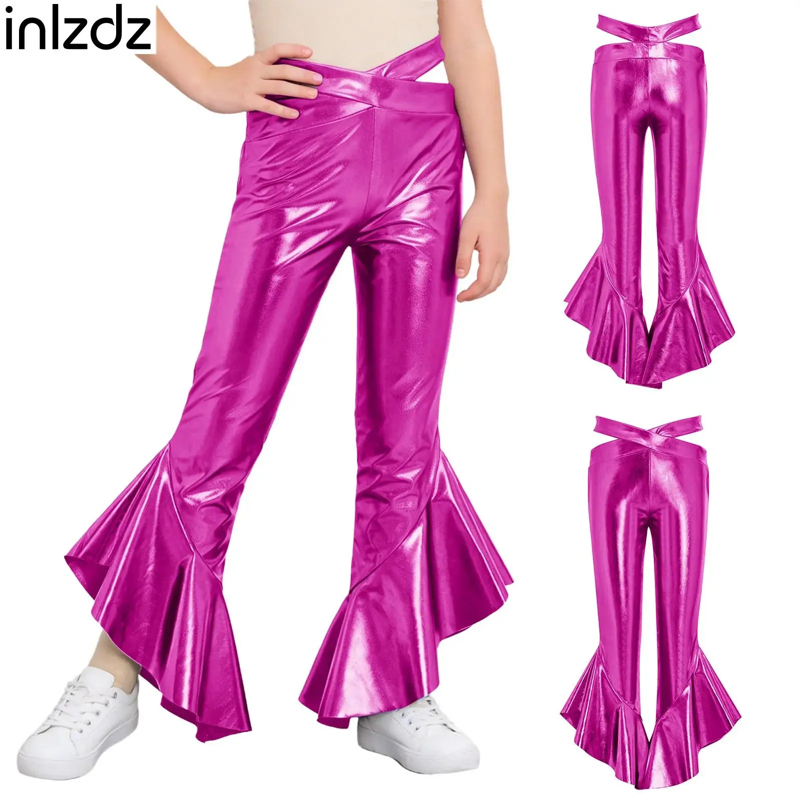 

Детские металлизированные расклешенные брюки-клеш для девочек для рейв-вечеринок, дискотек, музыкальных карнавалов, тематических вечеринок, сценических выступлений