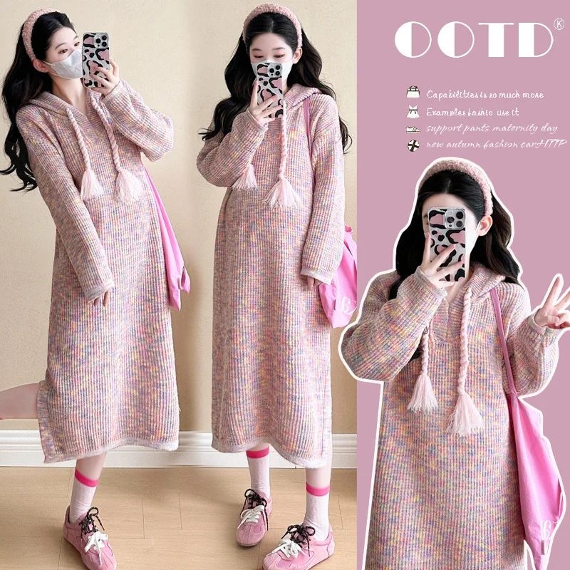 韓国風妊婦服-冬-カラフルニットセータードレス-ゆったりフィット-厚手-暖かい-マタニティウェア-おしゃれ-快適