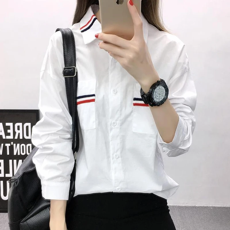 

Long Sleeve Loose Turn-down Collar Spring Summer Business Casual Patchwork Pockets Solid Simplicity Blouses Women's Clothing