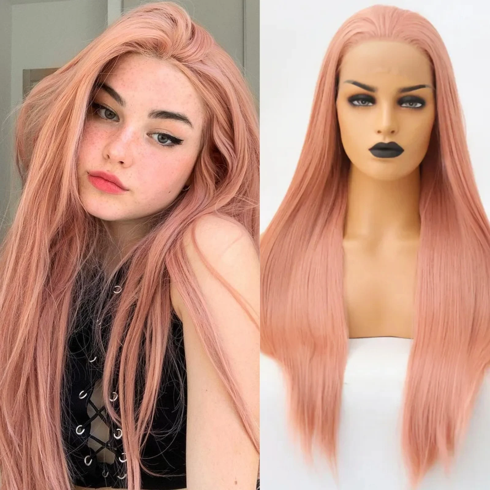 Pastel Pink Long Straight Synthetic Lace Front Wig Glueless Frontal Light Pink Colored Hair Lace Wigs for Women Party Cosplay