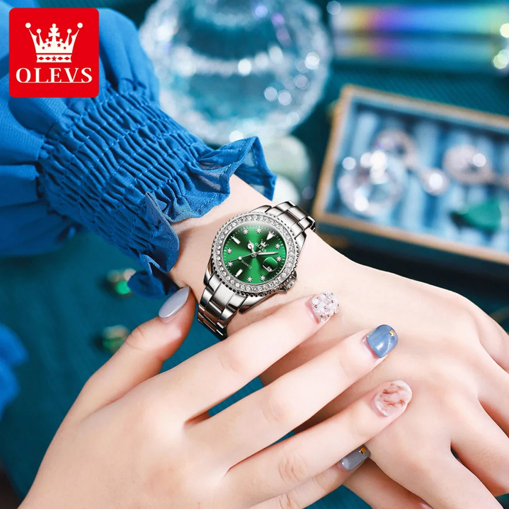 OLEVS 9945 Luxury Diamond Dial Quartz Watch For Women Waterproof Luminous Original Ladies Hand Clock Calendar Dress Wrist Watch