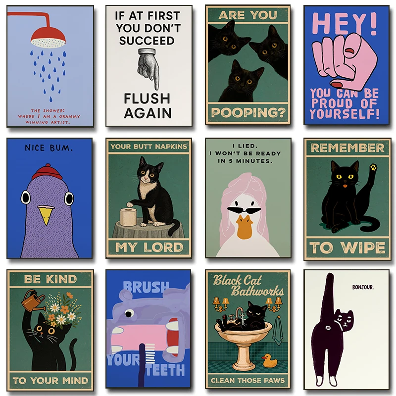 Funny Toilet Animals Bathroom Quote Poster Cat Toilet Jokes Typography Prints Canvas Painting Wall Art Pictures Home Room Decor