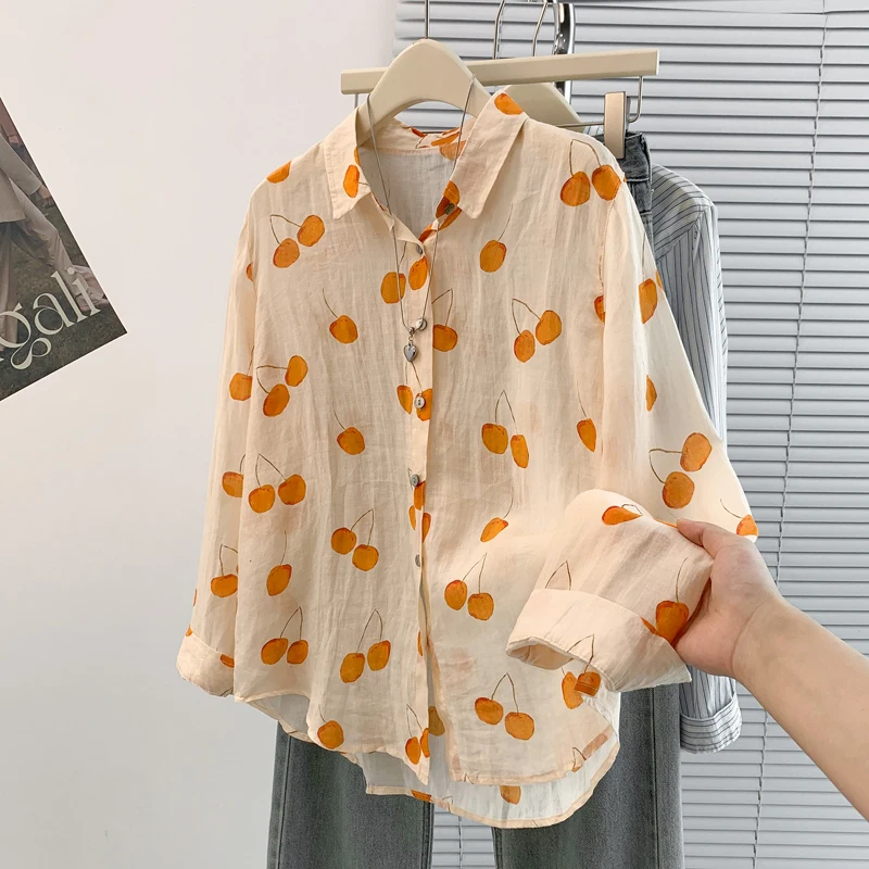 

Spring Autumn Pure Cotton Long Sve Printed Open Cardigan Slim Fit irt Square Collar Thin Sle Women's Faion Inner Wear