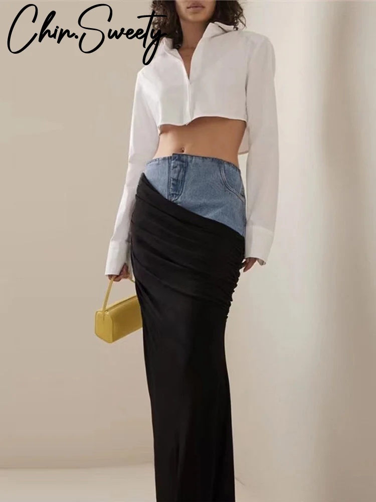 

Fashion Denim Patchwork Women Skirt Pleated High Waist Hip Package Long Party Female Skirts 2025 Spring Zippers Lady Streetwear