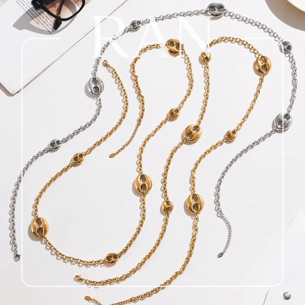 Stainless Steel Pig Nose Necklace 18K Gold Plated Mariner Link Chain Necklaces Long Sweater Necklaces Women Waterproof Jewelry