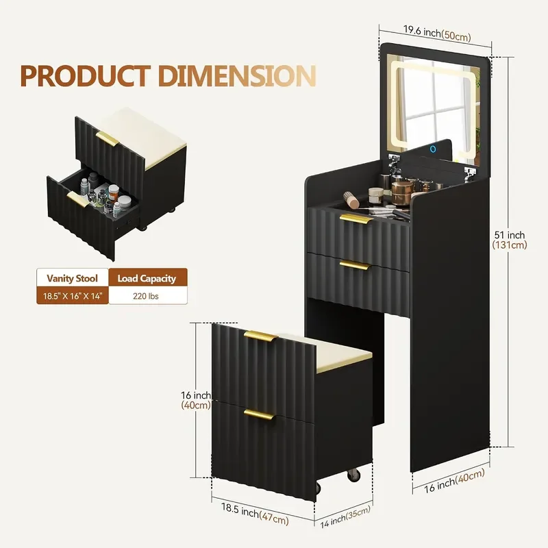 3-in-1 Fluted Vanity Desk w/Flip Top Mirror and Lights Black
