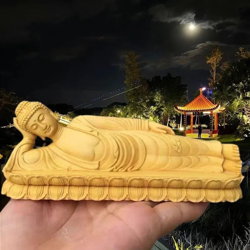 Wood Carving Sakyamuni Sleeping Buddha Statue Solid Wood Art Carving Home Living Room, Room Office Feng Shui Statues