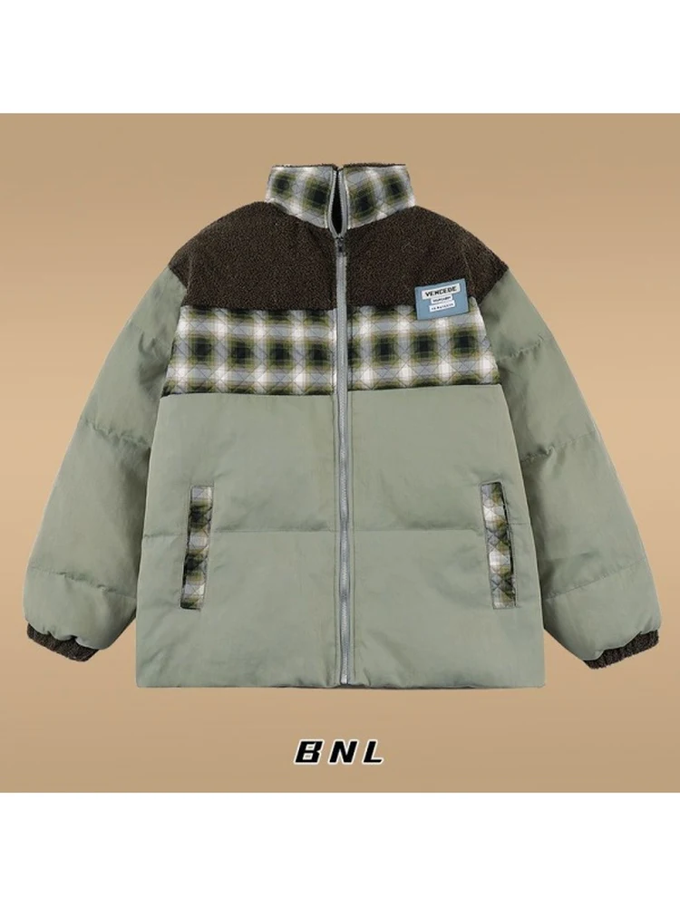 

Thiened Cotton Jaet Retro Plaid Stand Collar Splicing Warm Winter New Sle Versatile Cotton Clothes for Young Women