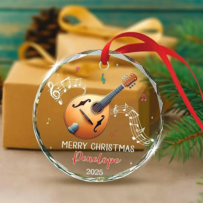 

Стеклянное украшение мандолины Xmas 2025, музыкальный инструмент, рождественский орнамент, подарок для мандолины, индивидуальный текст