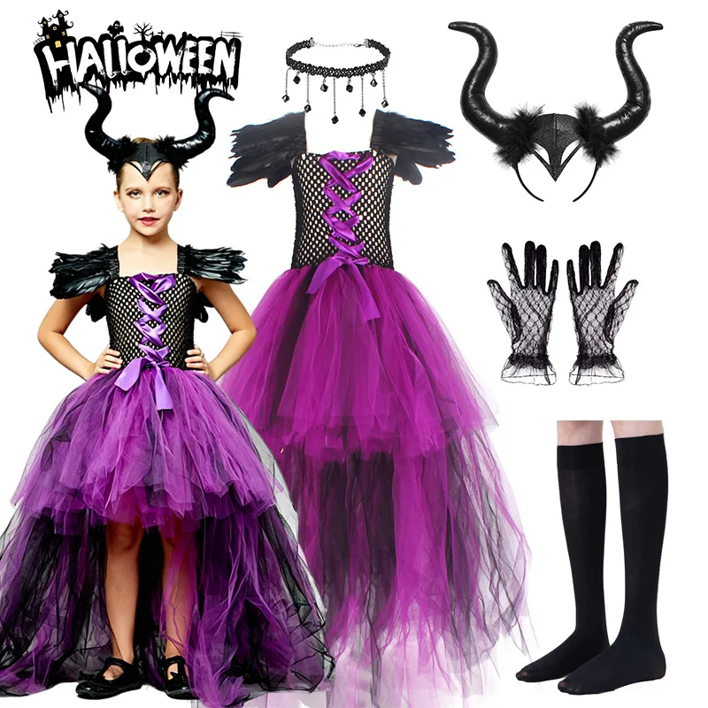 Gotisches Horn-Queen-Kleid für kleine Mädchen mit unregelmäßigem Saum und Netzstoff, vollständiges Zubehör für Trick-or-Treat, Schulaufführungen, Halloween-Kostüme