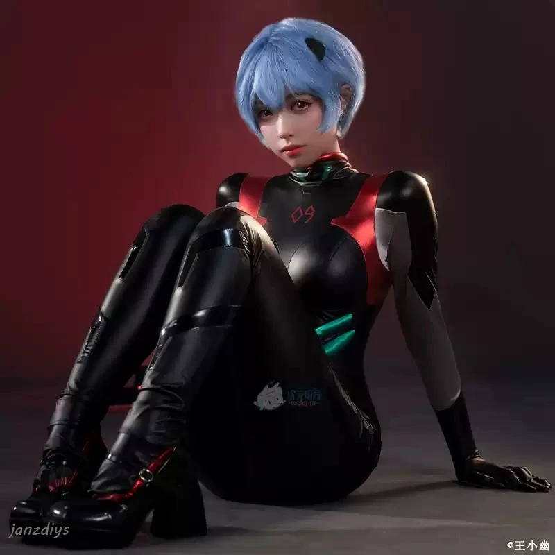 Auf Lager Anime Ayanami Rei Cosplay Kostüm Ayanami Rei Pu schwarz Overall Halloween Kostüm