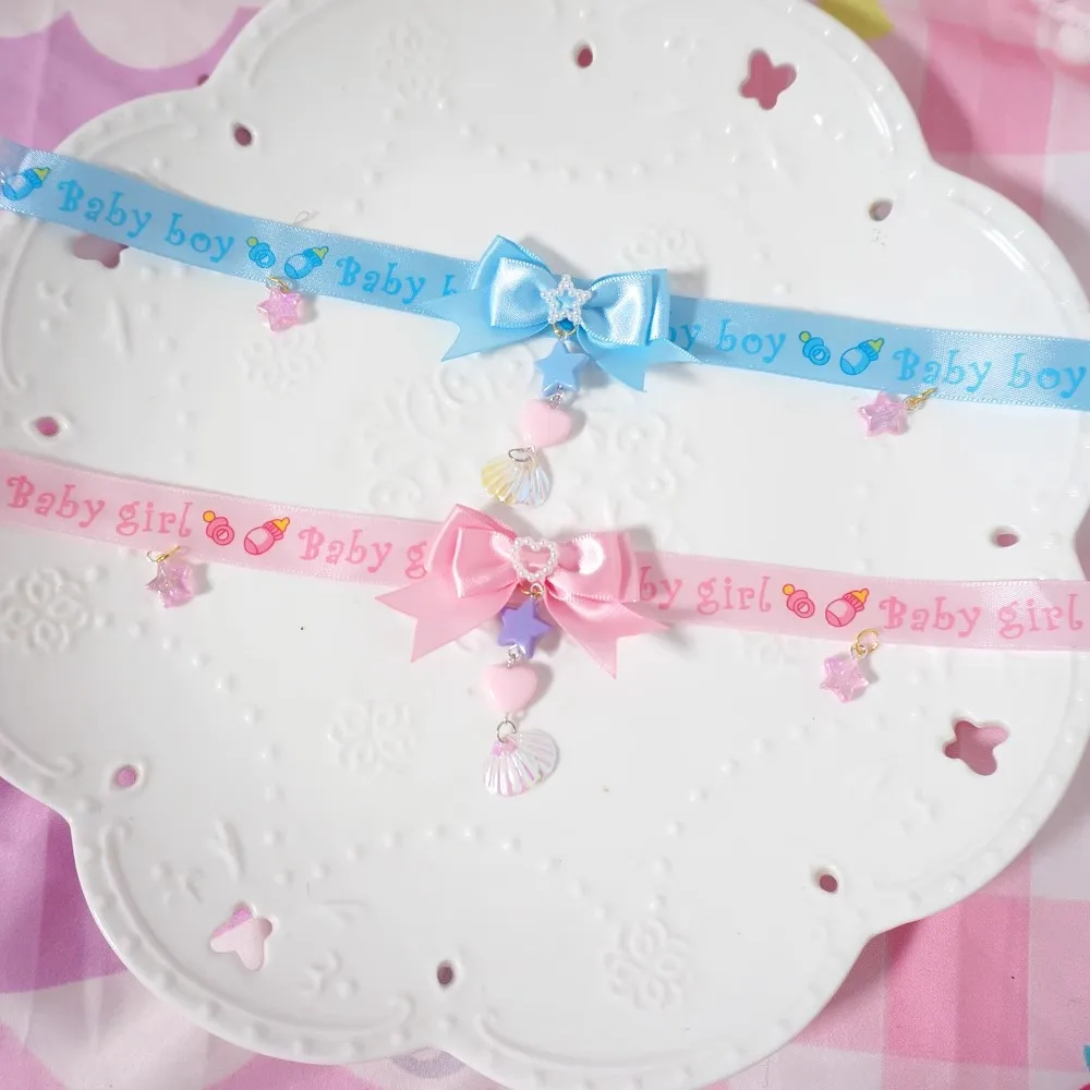 Japanese Original Handmade Pink Blue Harajuku Bow Necklace Lolita Sweet Collar Chain Soft Cute Girl Y2K Jewelry Gift