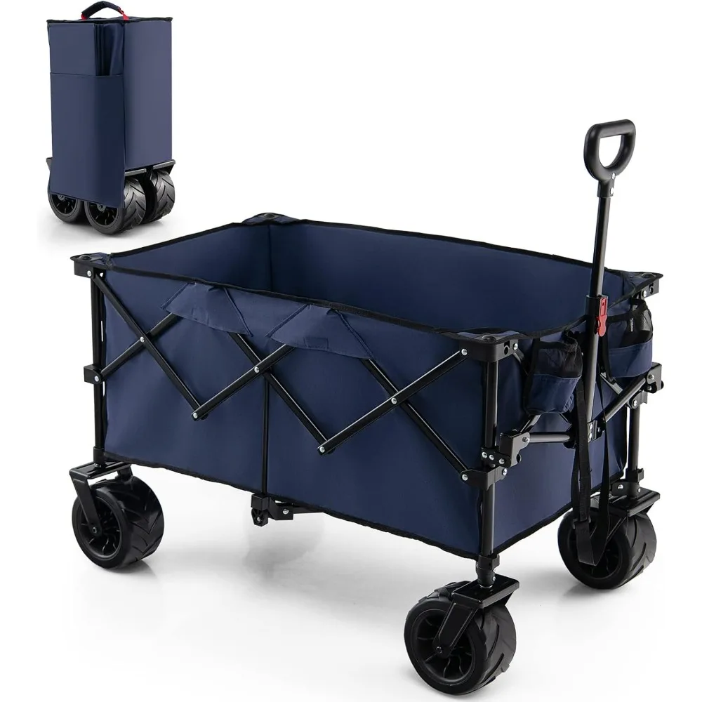 

Collapsible Wagon Cart, Foldable Heavy Duty Utility Wagon with Adjustable Handle, Wide All Terrain Wheels, Cup Holder, Portable