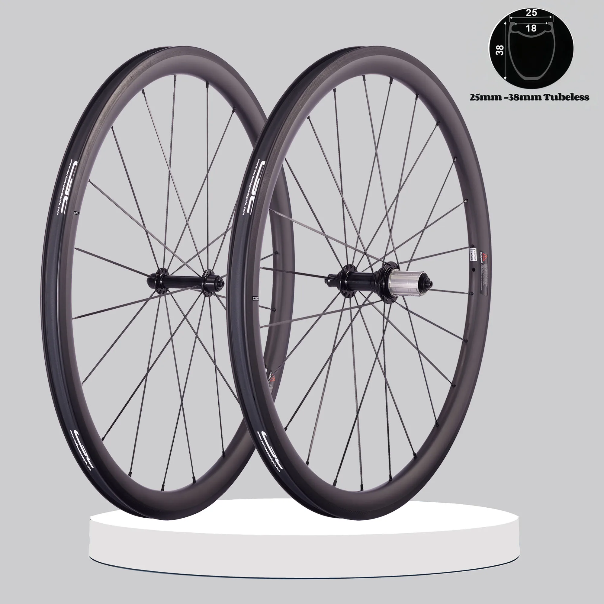 CSC 700C roues de vélo de route de course en carbone 38mm pneu tubeless T800 Toray fibre de carbone 25mm de largeur roues en carbone V frein