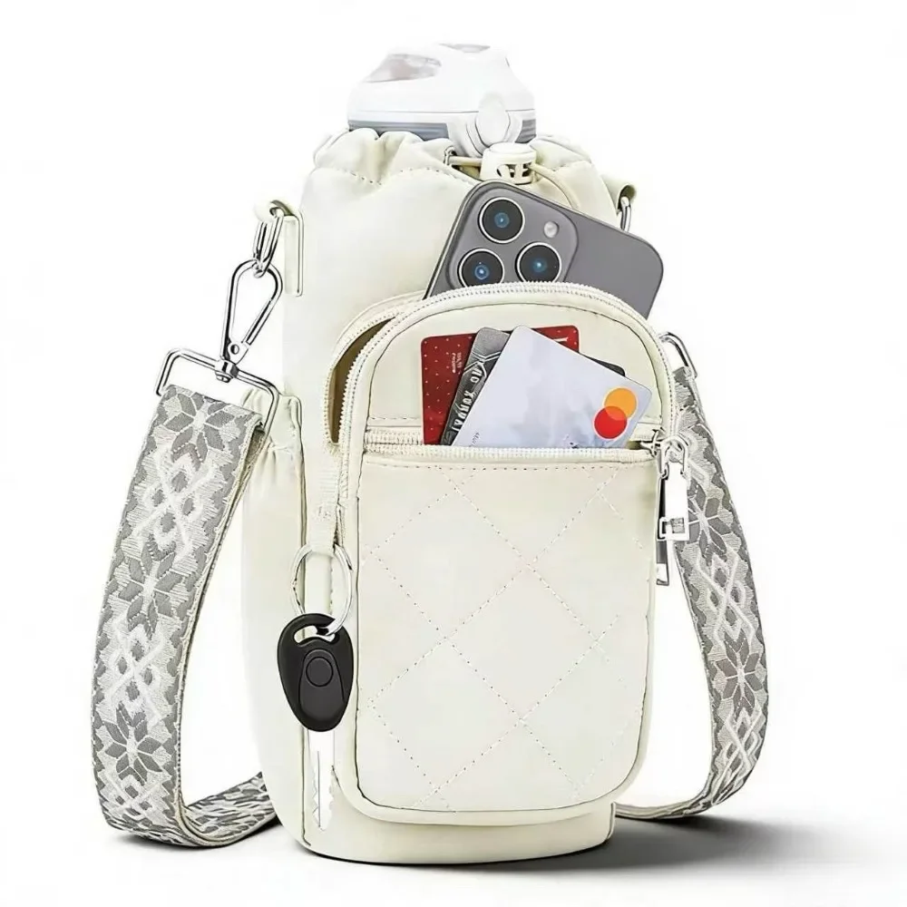 Water Bottle Crossbody Bag, Multi-Pocket Quilted Bottle Holder Sling Purse, Adjustable Strap Outdoor Travel Water Bottle Carrier